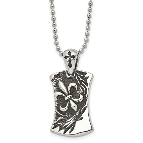 Chisel Stainless Steel Antiqued and Polished Fleur De Lis Dog Tag on a Ball Chain Necklace, 22"