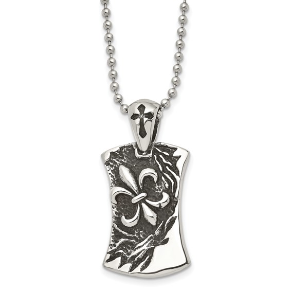 Chisel Stainless Steel Antiqued and Polished Fleur de lis Dog Tag on a 22 inch Ball Chain Necklace