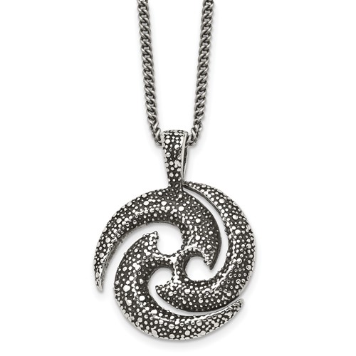 Chisel Stainless Steel Antiqued and Textured Spiral Pendant on a Curb Chain Necklace, 22"