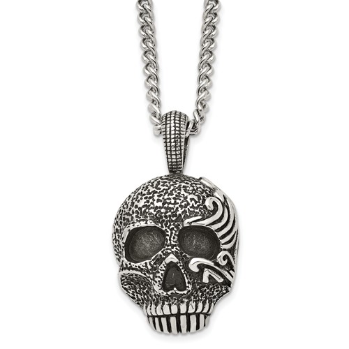 Chisel Stainless Steel Antiqued and Textured Skull Pendant on a Curb Chain Necklace, 24"