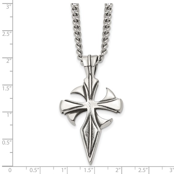 Chisel Stainless Steel Antiqued and Polished Dagger Cross Pendant on a 22 inch Curb Chain Necklace