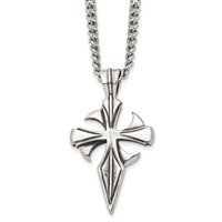 Chisel Stainless Steel Antiqued and Polished Dagger Cross Pendant on a Curb Chain Necklace, 22" view 1