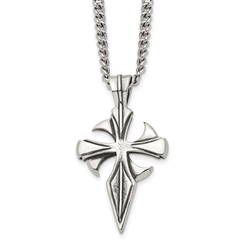 Chisel Stainless Steel Antiqued and Polished Dagger Cross Pendant on a Curb Chain Necklace, 22"