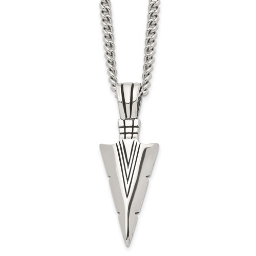 Chisel Stainless Steel Antiqued and Polished Dagger Pendant on a Curb Chain Necklace, 22"