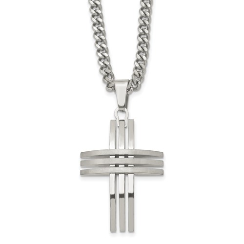 Chisel Stainless Steel Brushed and Polished Cross Pendant on a Curb Chain Necklace, 24"