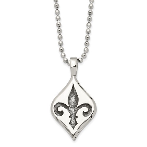 Stainless Steel Antiqued and Polished Fleur De Lis Necklace, 22"
