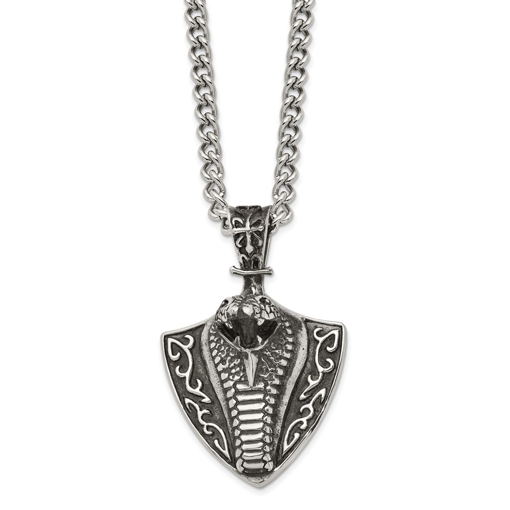 Stainless Steel Antiqued and Polished Snake on Shield 30in Necklace