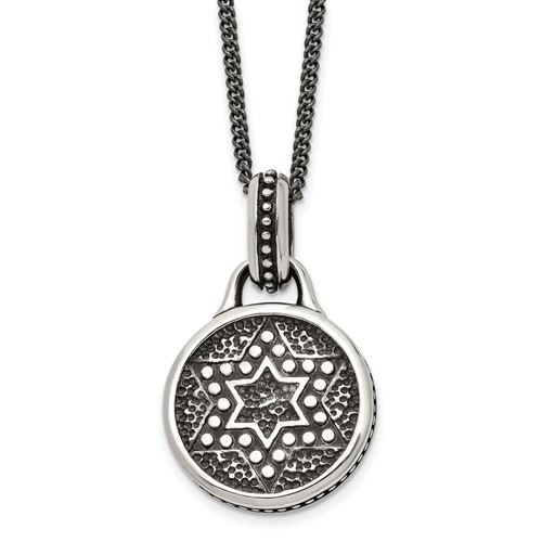Stainless Steel Antiqued and Polished Star of David Necklace, 22"