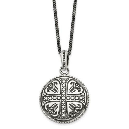 Stainless Steel Antiqued and Polished Cross Circle Necklace, 22"
