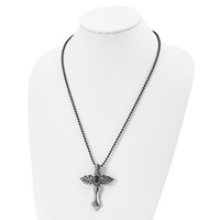 Stainless Steel Antiqued Necklace with Syn Black Agate Cross with Wings, 24" view 4