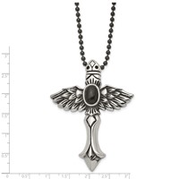 Stainless Steel Antiqued Necklace with Syn Black Agate Cross with Wings, 24" view 3