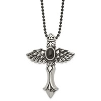Stainless Steel Antiqued Necklace with Syn Black Agate Cross with Wings, 24" view 1