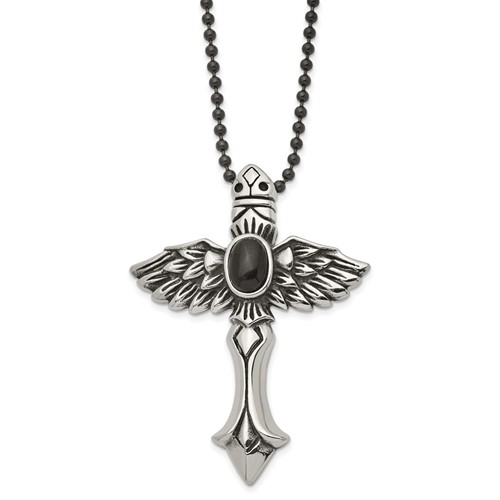 Stainless Steel Antiqued Necklace with Syn Black Agate Cross with Wings, 24"