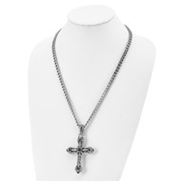 Chisel Stainless Steel Antiqued and Polished Necklace with Synthetic Black Agate Cross Pendant on a Curb Chain, 24" view 4