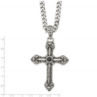 Chisel Stainless Steel Antiqued and Polished Necklace with Synthetic Black Agate Cross Pendant on a Curb Chain, 24" view 3