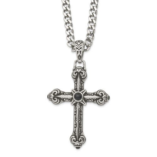 Chisel Stainless Steel Antiqued and Polished Necklace with Synthetic Black Agate Cross Pendant on a Curb Chain, 24"