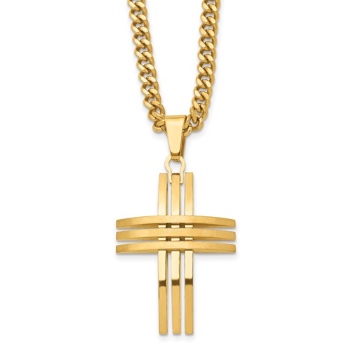 Chisel Stainless Steel Brushed and Polished Yellow IP-plated Cross Pendant on a Curb Chain Necklace, 24"