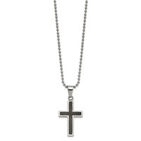 Chisel Stainless Steel Polished Necklace with Black Carbon Fiber Inlay Cross Pendant on a Ball Chain, 22" view 2