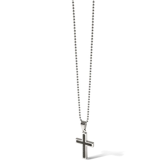 Chisel Stainless Steel Polished with Black Carbon Fiber Inlay Cross Pendant on a 22 inch Ball Chain Necklace