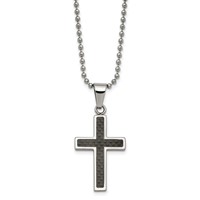Chisel Stainless Steel Polished Necklace with Black Carbon Fiber Inlay Cross Pendant on a Ball Chain, 22" view 1