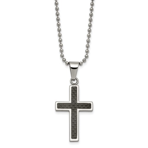 Chisel Stainless Steel Polished Necklace with Black Carbon Fiber Inlay Cross Pendant on a Ball Chain, 22"