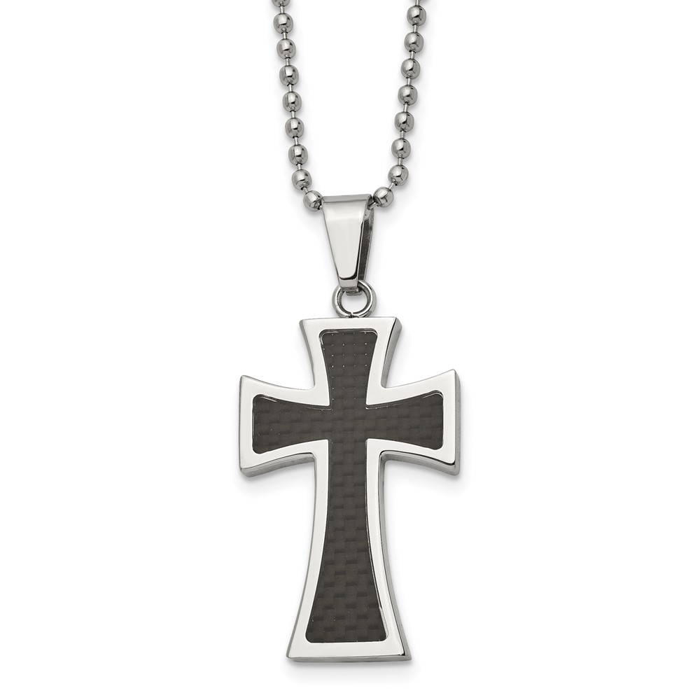Stainless Steel Polished w/Carbon Fiber Inlay Cross 22in Necklace
