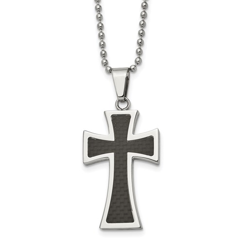 Chisel Stainless Steel Polished Necklace with Carbon Fiber Inlay Cross Pendant on a Ball Chain, 22"