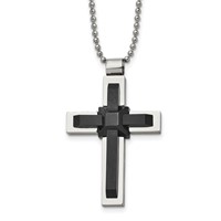 Stainless Steel Polished Black IP-plated Cross Necklace, 20" view 1