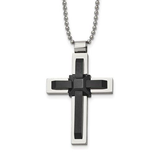 Stainless Steel Polished Black IP-plated Cross Necklace, 20"