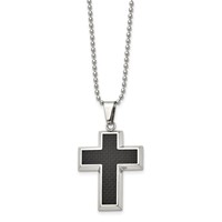 Chisel Stainless Steel Polished Necklace with Black Carbon Fiber Inlay Cross Pendant on a Ball Chain, 22" view 3