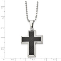 Chisel Stainless Steel Polished Necklace with Black Carbon Fiber Inlay Cross Pendant on a Ball Chain, 22" view 5