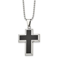 Chisel Stainless Steel Polished Necklace with Black Carbon Fiber Inlay Cross Pendant on a Ball Chain, 22" view 1