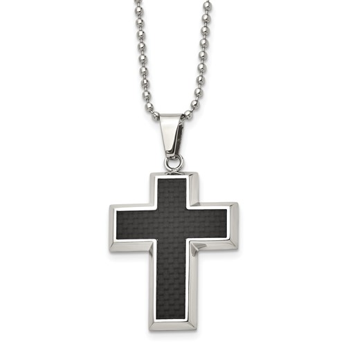 Chisel Stainless Steel Polished Necklace with Black Carbon Fiber Inlay Cross Pendant on a Ball Chain, 22"