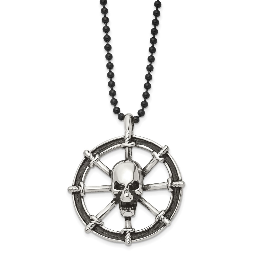 Stainless Steel Antiqued & Polished Black IP Wheel w/Skull 30in Necklace