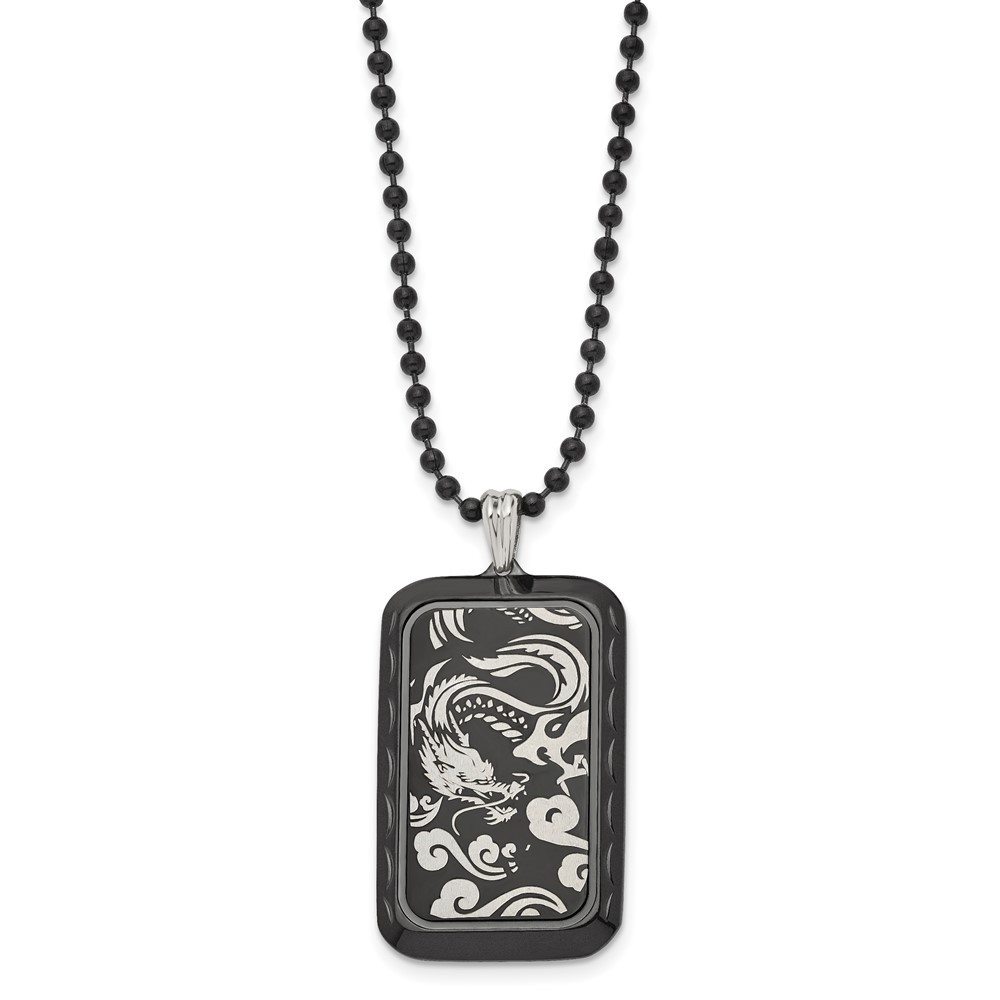 Stainless Steel Polished Black IP-plated Dragon Dog Tag 22in Necklace