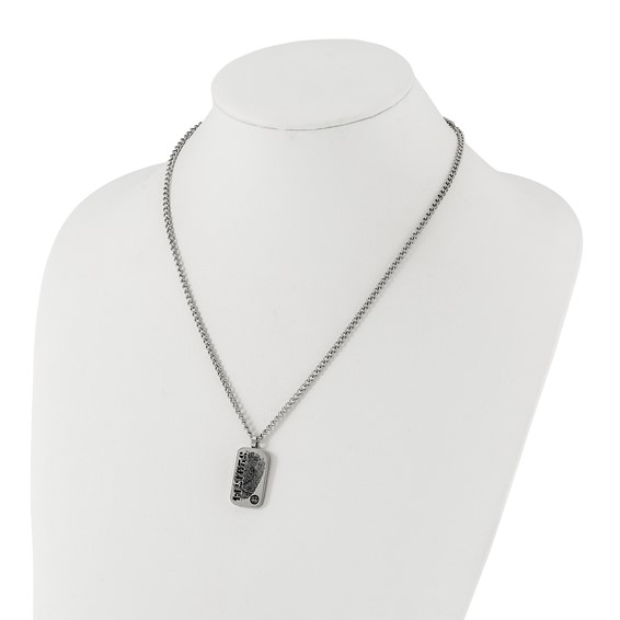 Stainless Steel & Black Enamel Reversible Black CZ Fingerprint Dog Tag w/ 2in ext Necklace
