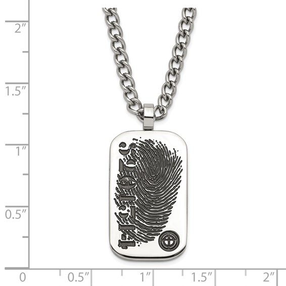 Stainless Steel & Black Enamel Reversible Black CZ Fingerprint Dog Tag w/ 2in ext Necklace