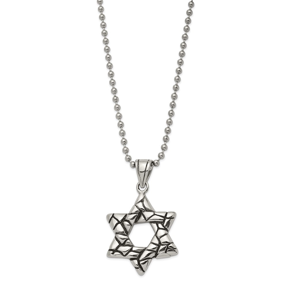 Stainless Steel Antiqued and Polished Star of David 24in Necklace