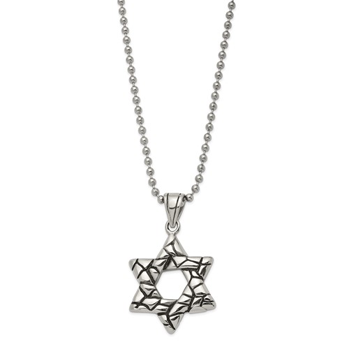 Chisel Stainless Steel Antiqued and Polished Star of David Pendant on a Ball Chain Necklace, 24"