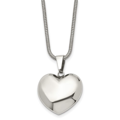 Stainless Steel Polished Hollow Puffed Heart Necklace, 20"