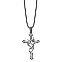 Chisel Stainless Steel Brushed and Polished Black IP-plated Cross Pendant on an Leather Cord Necklace, 18" view 3