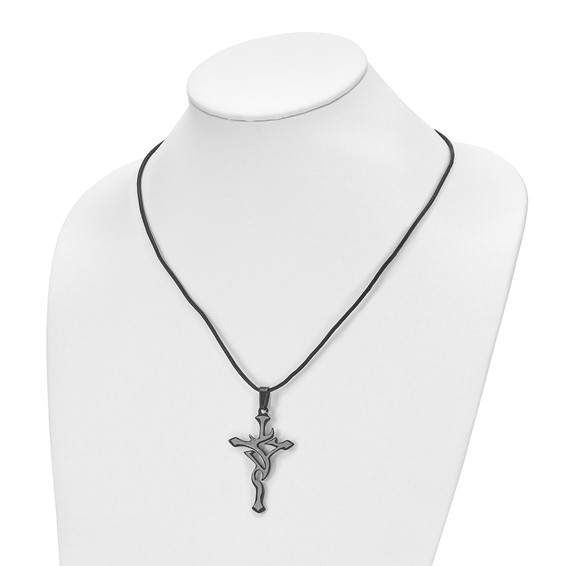 Chisel Stainless Steel Brushed and Polished Black IP-plated Cross Pendant on an 18 inch Leather Cord Necklace