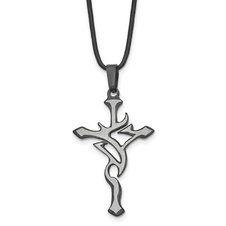 Chisel Stainless Steel Brushed and Polished Black IP-plated Cross Pendant on an 18 inch Leather Cord Necklace