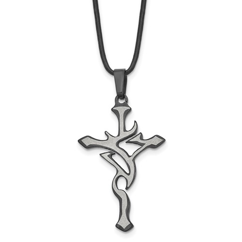 Chisel Stainless Steel Brushed and Polished Black IP-plated Cross Pendant on an Leather Cord Necklace, 18"