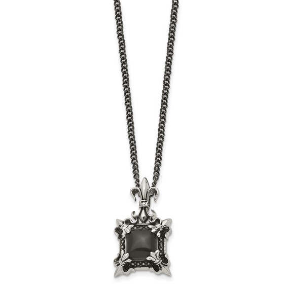 Stainless Steel Antiqued & Polished w/Black Agate Fleur de lis Necklace