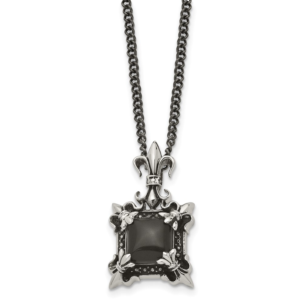 Stainless Steel Antiqued & Polished w/Black Agate Fleur de lis Necklace