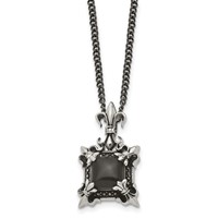 Stainless Steel Antiqued & Polished Necklace with Black Agate Fleur De Lis view 1