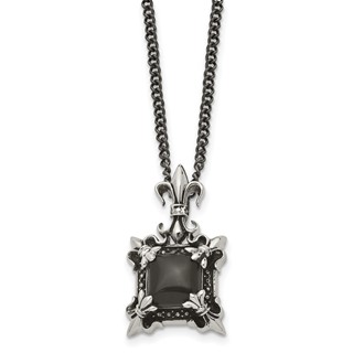 Stainless Steel Antiqued & Polished w/Black Agate Fleur de lis Necklace