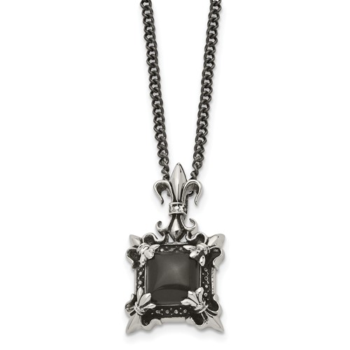Stainless Steel Antiqued & Polished Necklace with Black Agate Fleur De Lis