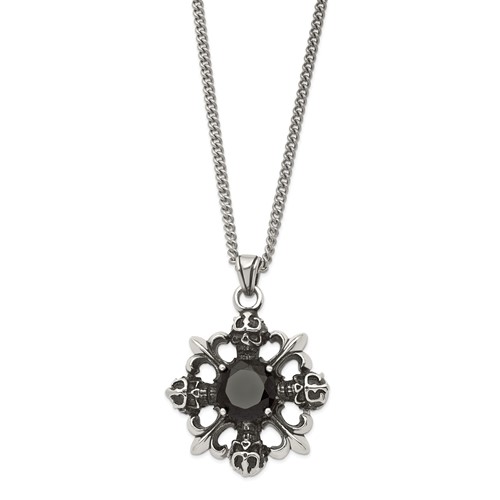 Stainless Steel Antiqued & Polished with Black CZ Skulls & Fleur De Lis Neckla